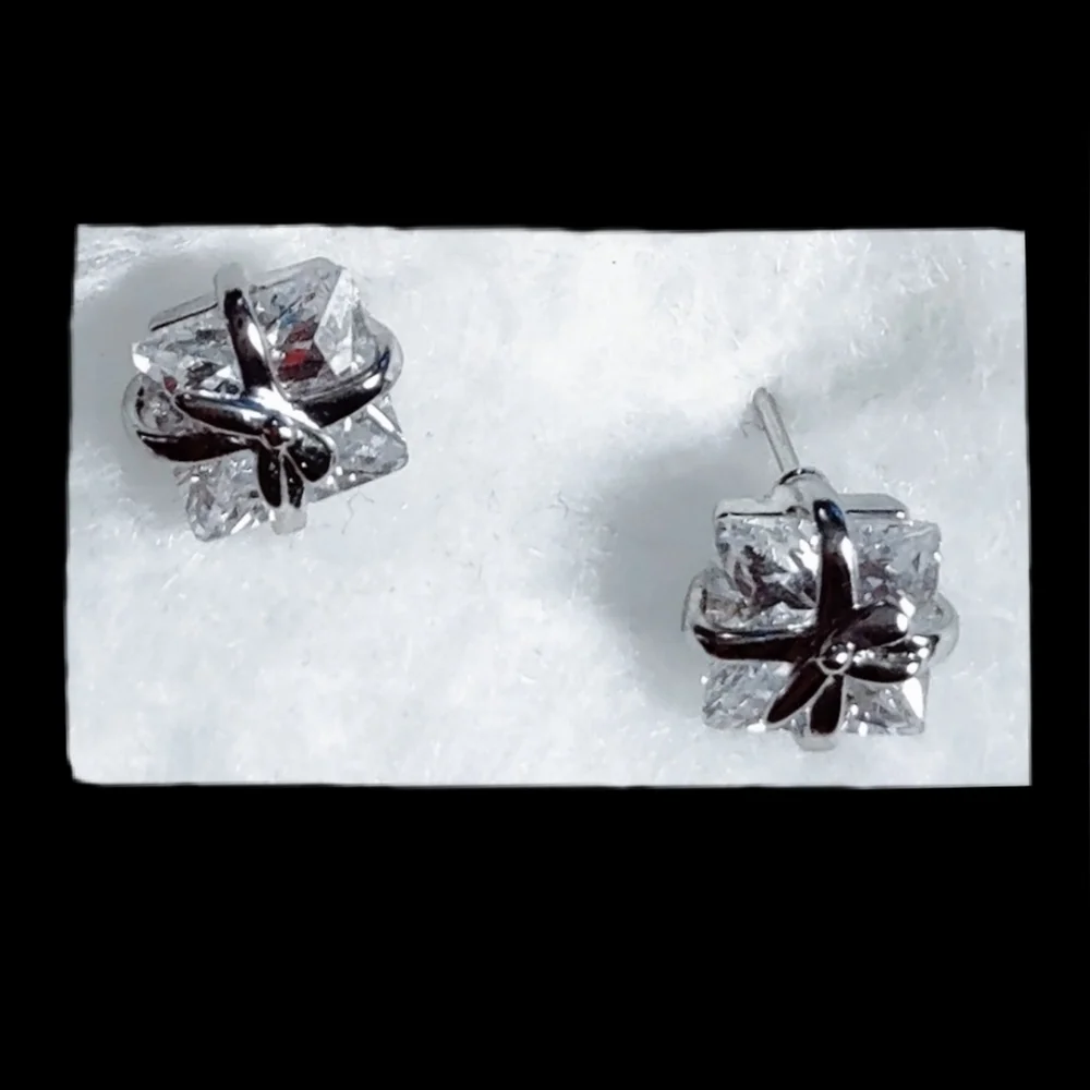 Petite White Sparkling Crystal Package w/ Bow Pierced Post Earrings
